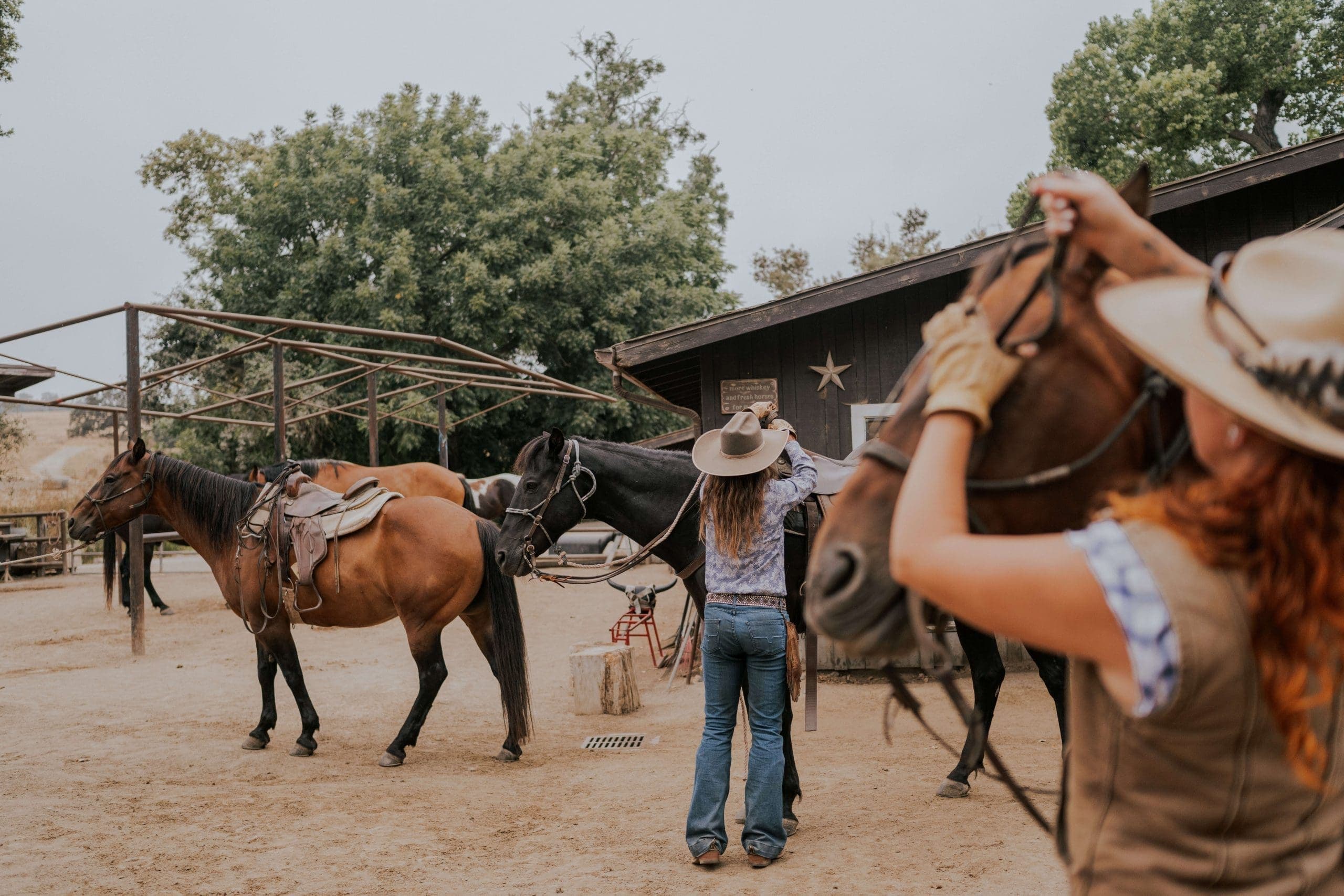three people putting reigns on their horse