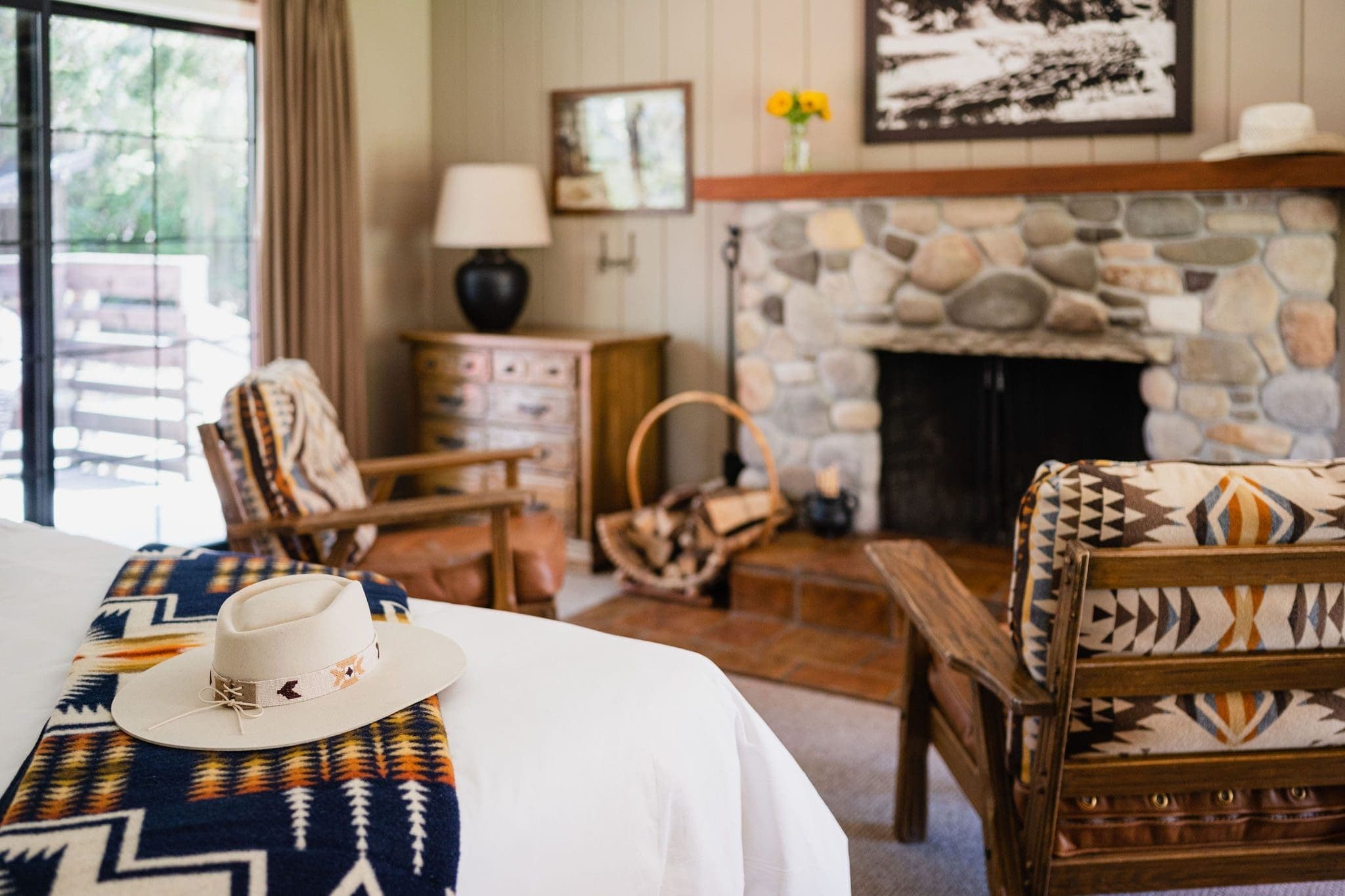 seating area by a fireplace